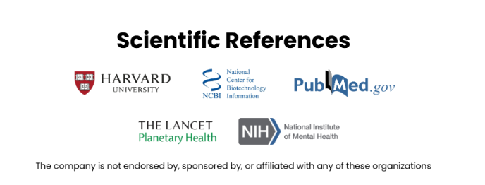 Scientific References — Harvard University, NCBI, PubMed.gov, The Lancet Planetary Health, NIH National Institute of Mental Health. The company is not endorsed by, sponsored by, or affiliated with any of these organizations.
